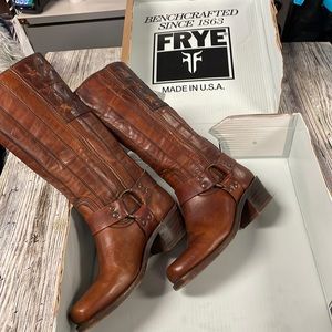 Frye Brown Leather Harness Knee-High Heeled Boots